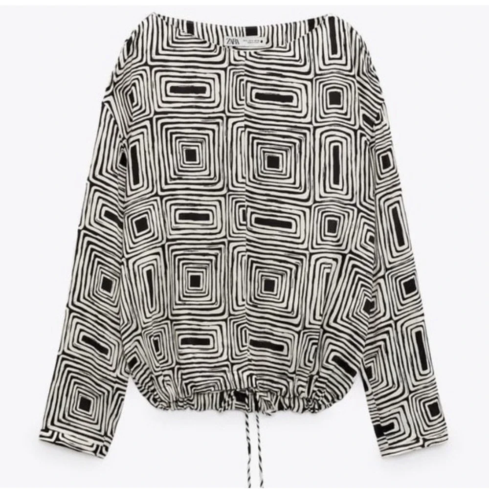 NWT ZARA M Blouse‎ Womens Black/Beige Geometric Print Drawstring Casual Office